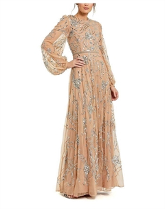 Платье с высоким воротником, пышными рукавами и декоративными элементами, коричневый/бежевый Mac duggal