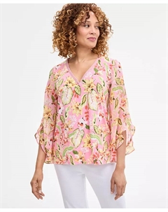 Женский топ с принтом, декором, V-образным вырезом и рукавами с рюшами, розовый Jm collection