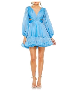 Кокетливое шифоновое мини-платье с пышными рукавами, ярусной юбкой и дерзкой шнуровкой на спине, синий Mac duggal