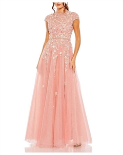 Платье-трапеция с высоким воротником, короткими рукавами и декоративными элементами, розовый Mac duggal