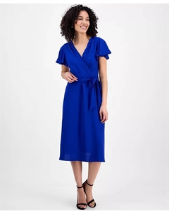 Платье миди с завязкой на талии и расклешенными рукавами для миниатюрных, синий Connected