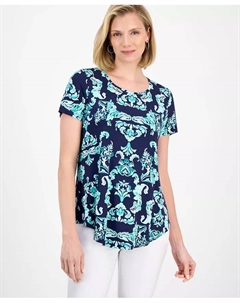 Женский принтованный топ с коротким рукавом и круглым вырезом, синий Jm collection