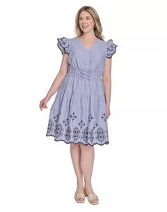 Платье из хлопка с вышивкой и расклешенными рукавами Plus Size, синий Vince camuto