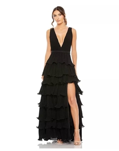 Женское платье без рукавов с рюшами и многоярусным вырезом V-образной формы, черный Mac duggal