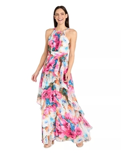 Женское платье-халтер с рюшами и цветочным принтом из шифона, розовый R&m richards