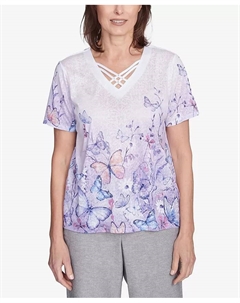 Женская футболка Crystal Springs с V-образным вырезом, перекрестными бретелями и омбре в виде бабочки, мультиколор Alfred dunner