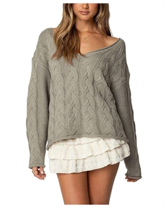 Ингер Объемный Свитер с Косой Вязкой, зеленый Edikted