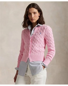 Женский кардиган с круглым вырезом и узором "косичка" из хлопка, розовый Polo ralph lauren