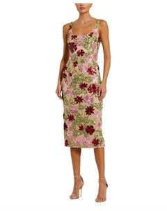 Цветочное бисерное платье-миди с сетчатыми вставками и круглым вырезом, коричневый/бежевый Mac duggal