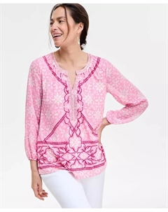 Женский топ с принтом, рукавами из шифона, стразами и разрезом на горловине, красный Jm collection