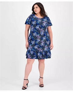 Платье прямого кроя с круглым вырезом и расклешенными рукавами, принтованное, plus size, синий Connected