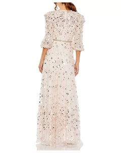 Женское платье А-силуэта с цветочными аппликациями, пышными рукавами и высоким воротником, розовый Mac duggal