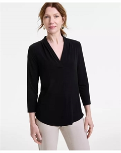 Женский трикотажный топ с V-образным вырезом и рукавом 3/4, с принтом и однотонными деталями, черный Jm collection