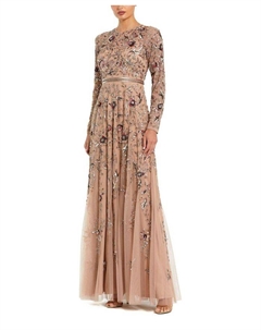 Длинное платье фасона А-силуэт с цветочным декором и прозрачными вставками, коричневый Mac duggal