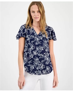 Женская туника с V-образным вырезом и расклешенными рукавами с принтом, синий Ak anne klein