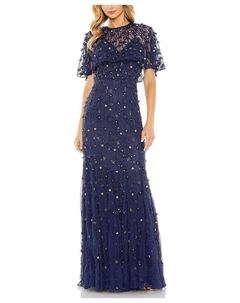 Украшенное платье-труба с иллюзорными рукавами-накидкой, синий Mac duggal