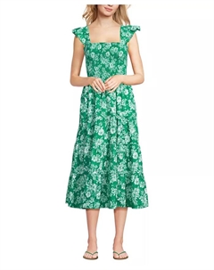 Женское хлопковое платье с рельефной вышивкой и рюшами на бретелях, зеленый Lands' end