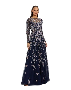 Длинное платье с рукавами из сетки с цветочными деталями, синий Mac duggal