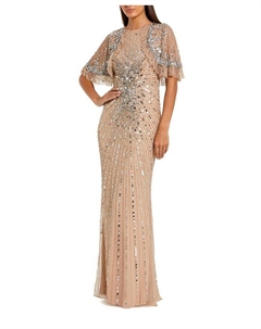 Приталенное бисерное платье-сетка с пелериной, коричневый/бежевый Mac duggal