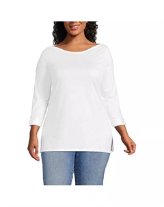 Туника с 3/4 рукавом и лодочкой из хлопка Supima, регулируемая, больших размеров, белый Lands' end