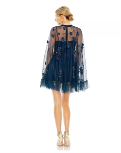 Женское платье с вышивкой, длинными расклешенными рукавами и силуэтом А-силуэта из сетки, синий Mac duggal