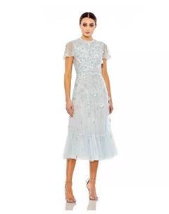 Женское платье фасона "А-силуэт" с высоким воротником, короткими рукавами и декоративными элементами, синий Mac duggal