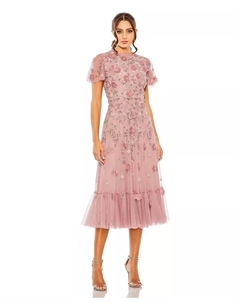 Женское платье фасона "А-силуэт" с высоким воротником, короткими рукавами и декоративными элементами, фиолетовый Mac duggal