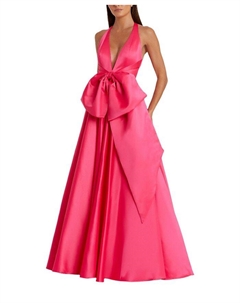 Безрукавное сатиновое платье с глубоким V-вырезом и объемным бантом, розовый Mac duggal