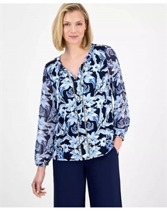 Женская блузка с длинным рукавом и принтом, с галстуком на шее, синий Jm collection