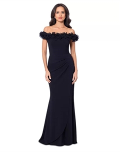 Женское платье с рюшами из ткани scuba-креп, с открытыми плечами, силуэт "приталенный-клеш", черный Xscape