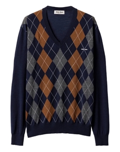 Шерстяной свитер с узором «аргайл» и V-образным вырезом, синий Miu miu