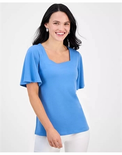 Топ с квадратным вырезом и расклешенными рукавами Petite, синий Jm collection