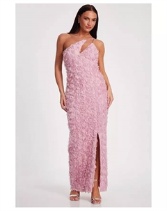 Женское платье макси с одним плечом, ажурной вырезкой и 3D цветочным принтом, розовый Quiz