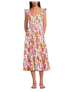 Женское хлопковое платье с рельефной вышивкой и рюшами на бретелях, мультиколор Lands' end