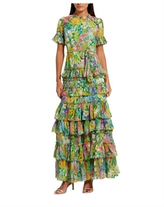 Платье из шифона с цветочным принтом и ярусными рюшами, мультиколор Mac duggal