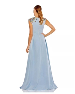 Женское платье с вышивкой бисером, короткими рукавами и V-образным вырезом, силуэт А-силуэта, синий Mac duggal