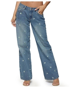 Джинсы Edna с цветочной вышивкой, низкой посадкой, средней степени потертости, синий Edikted