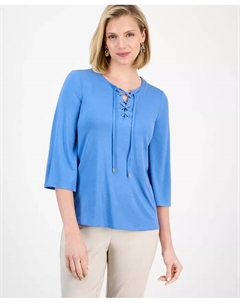 Петит-топ с кружевными завязками и рукавом 3/4, синий Jm collection