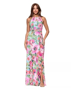 Женское платье-халат с цветочным принтом, рюшами и ярусами из шифона на бретелях, розовый Xscape