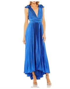 Женское плиссированное платье из джерси с глубоким декольте и рюшами на бретелях., синий Mac duggal