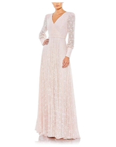 Бусированное кружевное платье с длинными рукавами и запахом, розовый Mac duggal