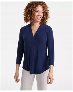 Женский трикотажный топ с V-образным вырезом и рукавом 3/4, с принтом и однотонными деталями, синий Jm collection