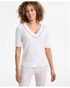 Женский свитер с декоративными элементами и рукавом 3/4, белый Jm collection