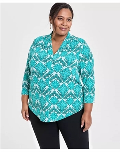 Топ с принтом и рукавом 3/4, Plus Size, синий Jm collection
