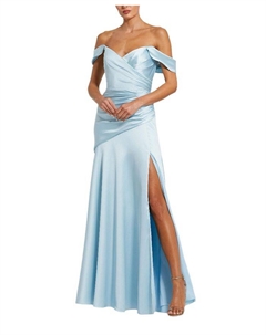 Жесткий атласный платье с открытыми плечами и перекрещивающимся вырезом, синий Mac duggal