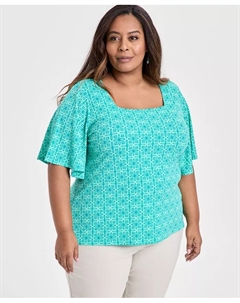 Плюс сайз топ с принтом и квадратным вырезом, короткий рукав, синий Jm collection