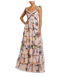 Платье из шифона с рюшами, без рукавов, многослойное, с цветочным принтом, мультиколор Mac duggal