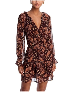 Алисон Шелковое мини-платье с оборками и принтом, коричневый Paige