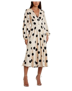 Платье миди с длинным рукавом и V-образным вырезом из шифона в горошек., мультиколор Mac duggal