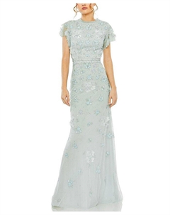 Платье с цветочными аппликациями, высоким воротником и расклешенными рукавами, синий Mac duggal